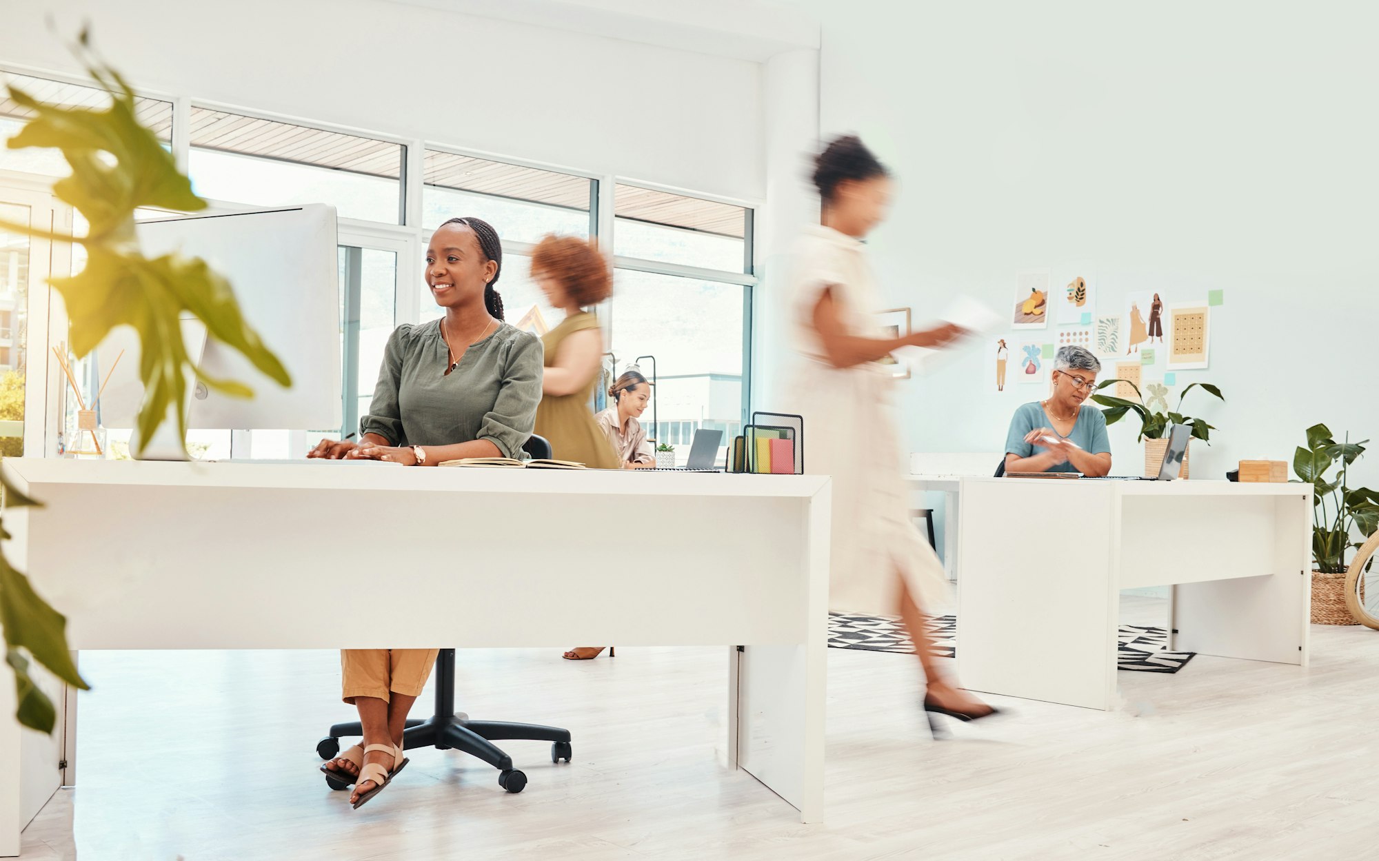 Busy agency, coworking and women in fashion for work in retail or creative industry. Team, business