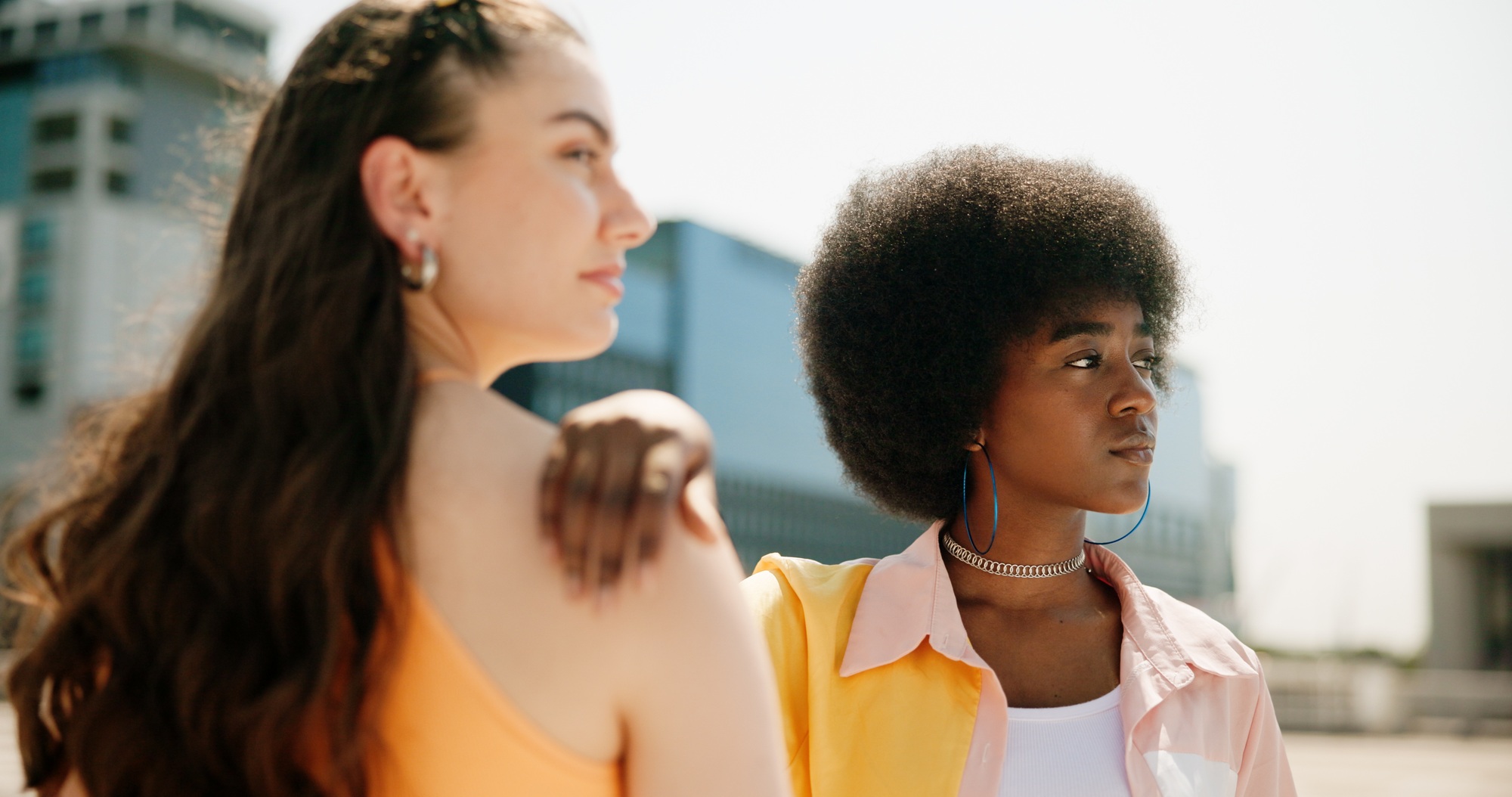 Confident, modelling and serious with women in city together for empowerment or inclusion. Attitude